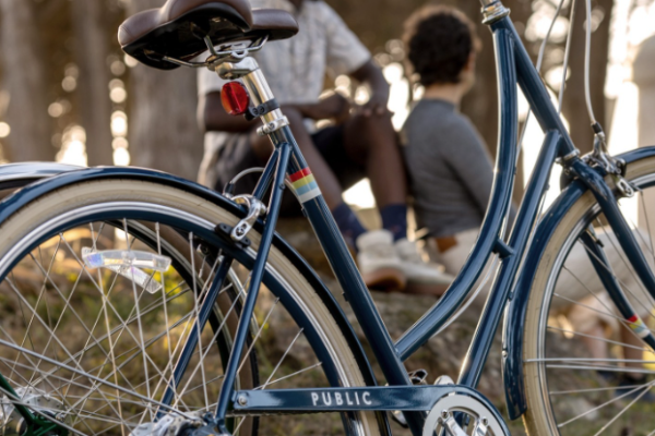 A blue bike is in the foreground with two people sitting on the grass in the background, surrounded by trees, enjoying a relaxed moment.
