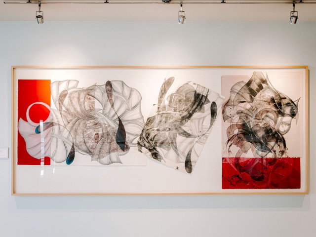 A framed abstract artwork features swirling grayscale shapes with red accents, displayed on a light-colored wall under track lighting.