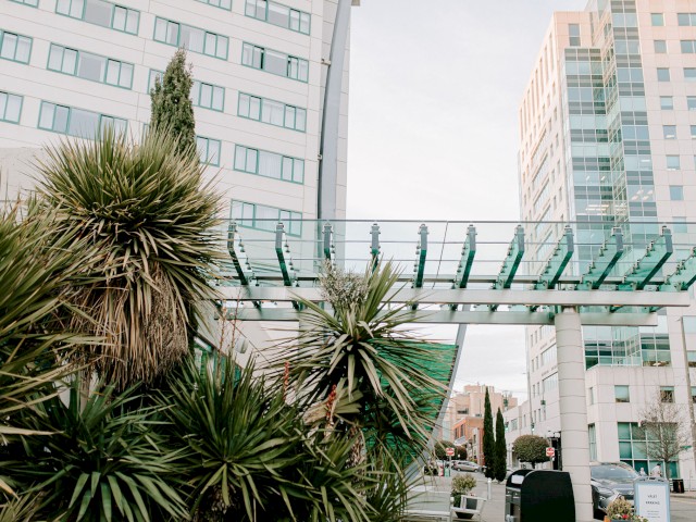 The image shows a modern glass bridge connecting two tall buildings, surrounded by greenery and urban elements in a cityscape setting.