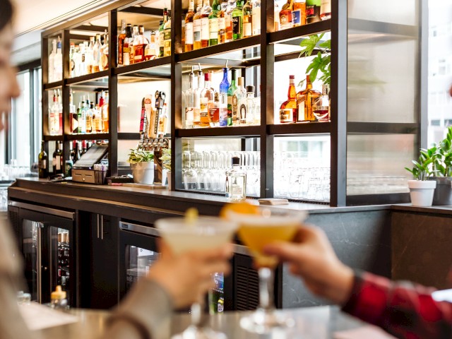 Two people clinking cocktails in a modern bar with a well-stocked shelf of various alcoholic beverages and potted plants in the background.