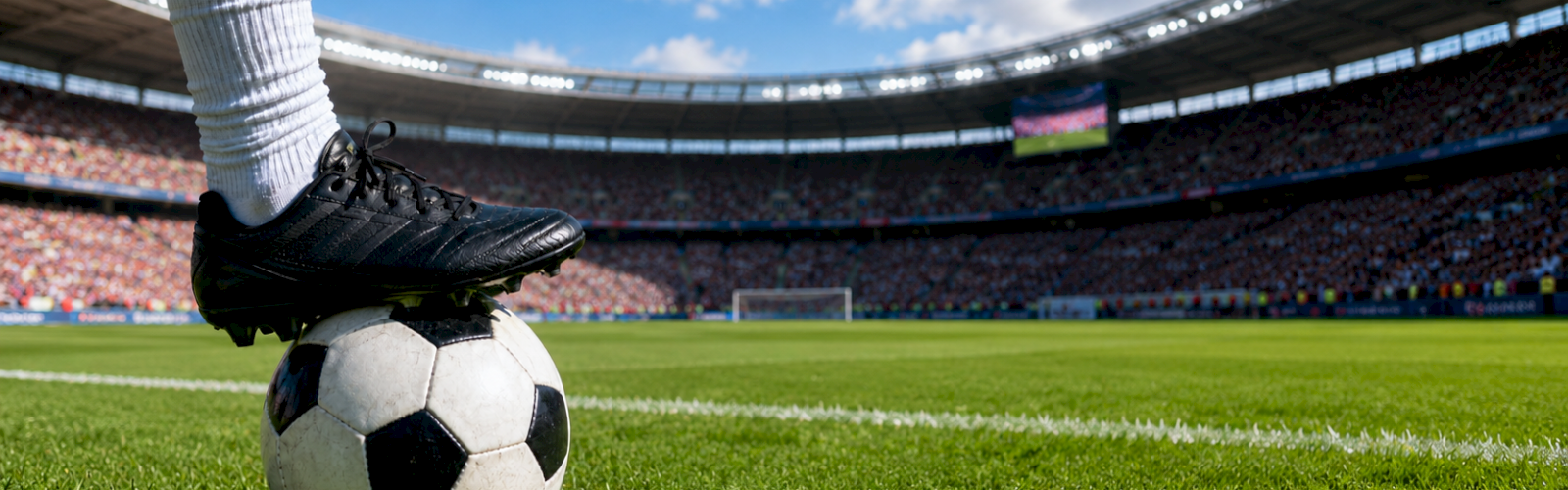 A soccer player in black shoes and white socks stands on a football field, controlling the ball in a packed stadium on a sunny day.