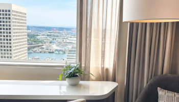 A cozy hotel room with a view of a cityscape and river, featuring a white table, chair, gray armchair, lamp, curtains, and a small plant.